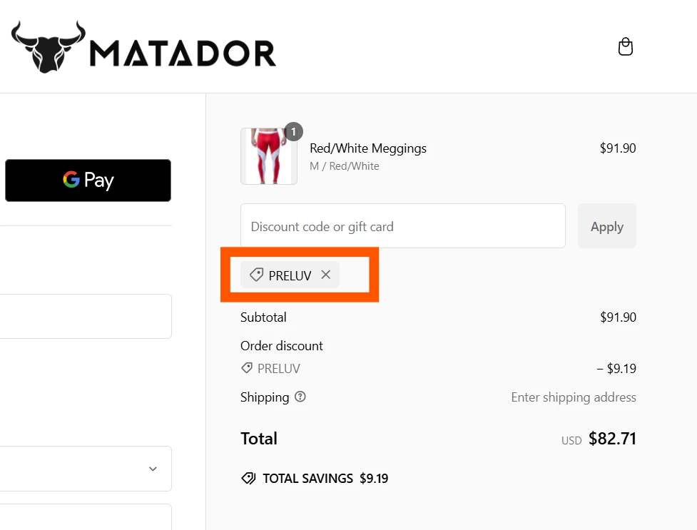 Matador Meggings verified Coupon code PRELUV
